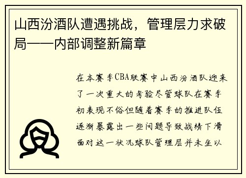 山西汾酒队遭遇挑战，管理层力求破局——内部调整新篇章