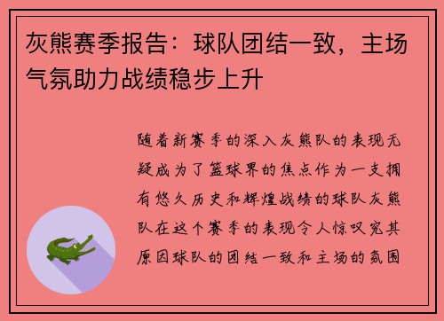 灰熊赛季报告：球队团结一致，主场气氛助力战绩稳步上升